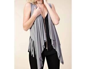NEW VOCAL APPAREL open front draped vest with fringe hem and bullhead print in g